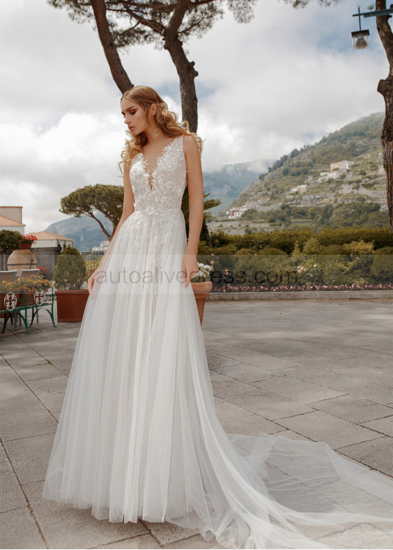 Beaded Ivory Lace Tulle Wedding Dress With Long Train